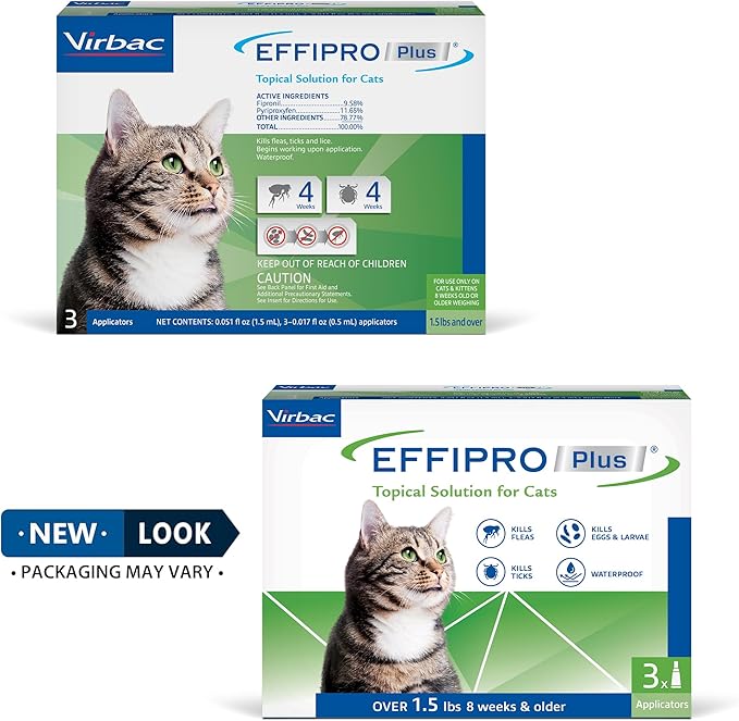 Virbac EFFIPRO Plus Topical Solution for Cats Over 1.5 lbs, 3 Month Supply, Non-Perishable