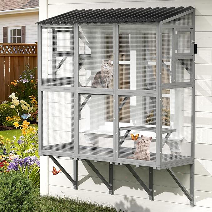 Window Box Enclosure, All-Weather Cat Catio for Multiple Indoor Cats, Wooden Window Catio with 4 Platforms & 3 Doors, Expandable Pet Perch House for Sunbathing