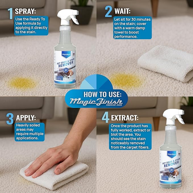 Magic Finish Pet Odor & Stain Remover (32 oz) – Enzyme Cleaner for Dog & Cat Urine, Vomit, and Messes – Kid & Pet-Friendly Rug & Multisurface Upholstery Deodorizer with Apple Blossom Scent