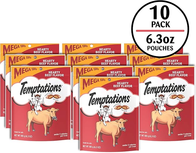 Temptations Classic Soft Cat Treats, Hearty Beef Flavor, Crunchy Cat Treats, 6.3 oz. Pouch (Pack of 10)
