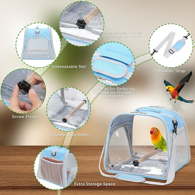 Suertree Small Bird Carrier, Large Window Travel Cage with Stand and Easy Clean Tray for Parrot Parakeet Cockatiels, Lightweight and Portable, Blue