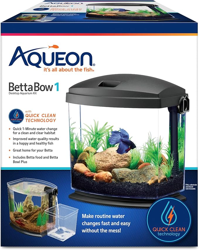 Aqueon BettaBow with Quick Clean Technology Aquarium Kit, Freshwater, Betta Fish, 1-Gallon, Black