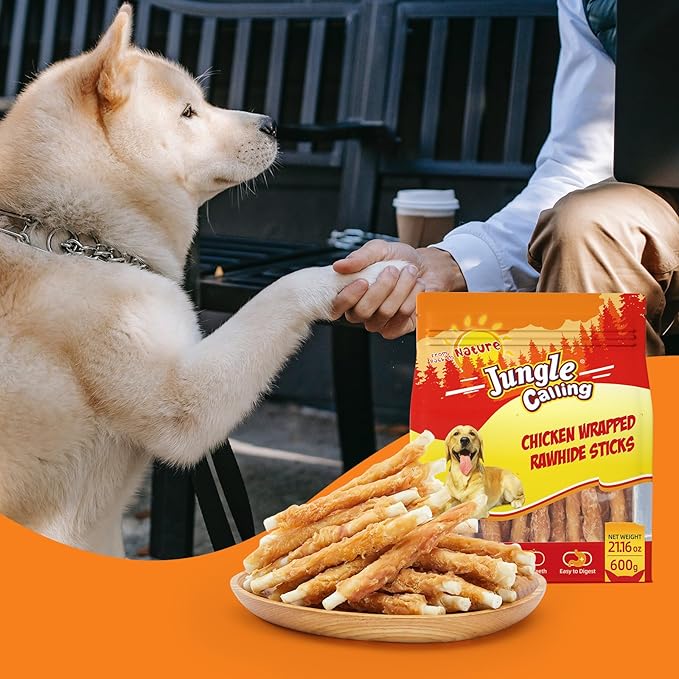 Jungle Calling 52 Count Chicken Wrapped Rawhide Sticks Dog Treats, High-Protein, 5 Inch Digestible Dog Chews for Small & Medium Dogs, Grain Free Training Snacks, 21.2 oz