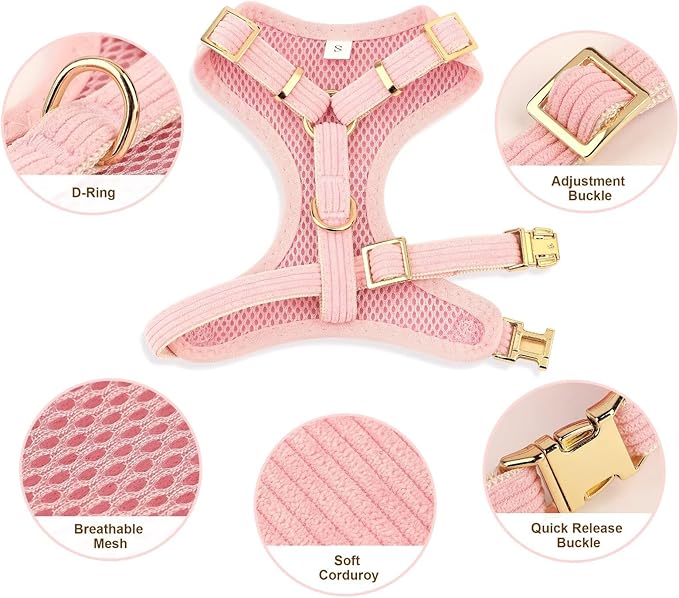 Didog Cute Small Dog Harness Collar and Leash Set with Bowtie, Breathable Soft Mesh Padded Puppy Harness, Pink Dog Harness for Parties, Holiday Gatherings & Gifts, Pink, S