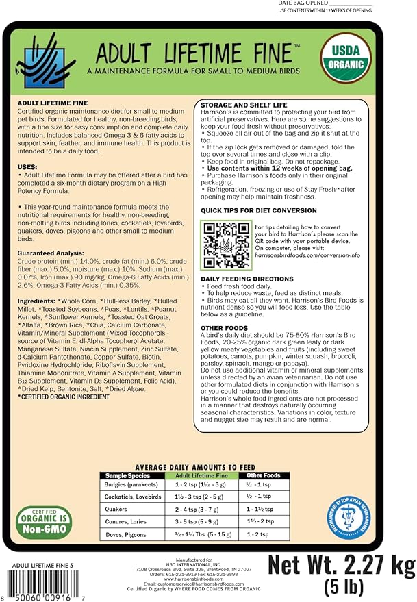 Harrison's Bird Foods Bird Food Adult Lifetime Fine Certified Organic Non-GMO Formula Bird Food 5lb