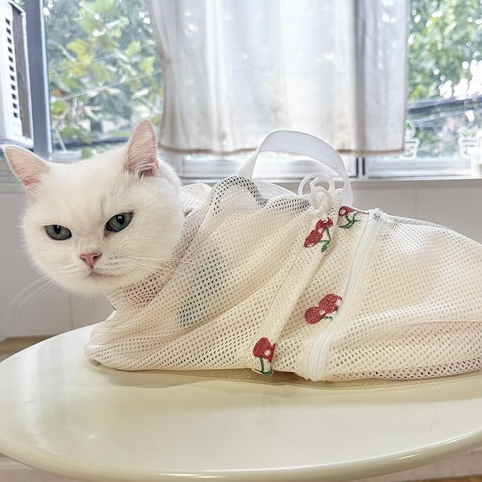 Cinf Cat Bathing Bag, Breathable Mesh Anti Scratch Adjustable Cat Grooming Bag for Nail Trimming, Bathing Soft Cat Washing Bag(White&Cherry) M