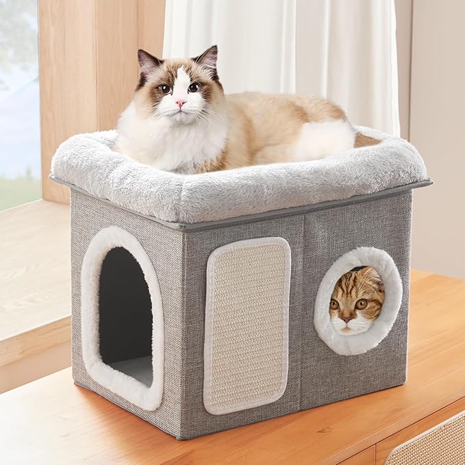 WINDRACING Cat Beds for Indoor Cats - Cat House for Pet and Foldable Cat Cave Bed with Scratch Pad, Cat Hideaway Condo for Kitten, 16.9x12.8x14.2 inches, Light Grey