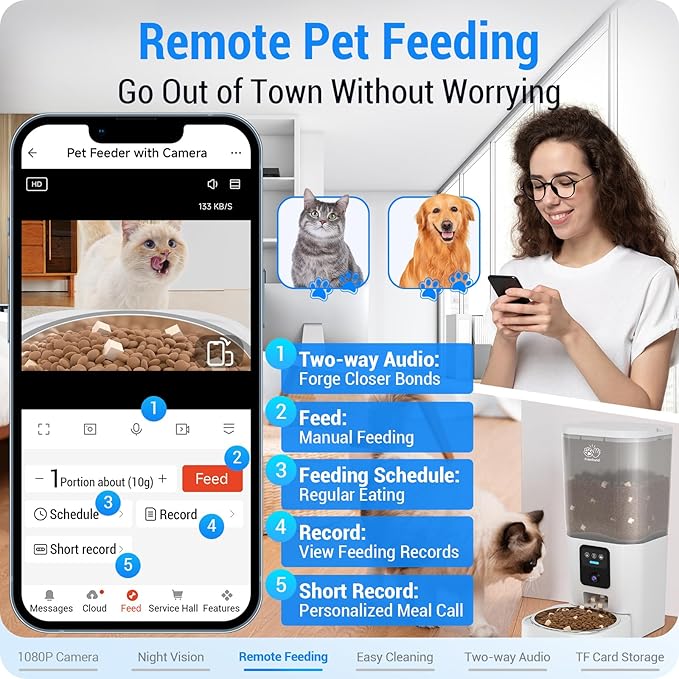 Automatic Cat Feeder with Camera: 5G WiFi Automatic Dog Feeder with Night Vision, 7L Auto Cat Food Dispenser with 1080P Camera for Multiple Pet, Detachable for Easy Clean -29 Cup (ACF100W-B)