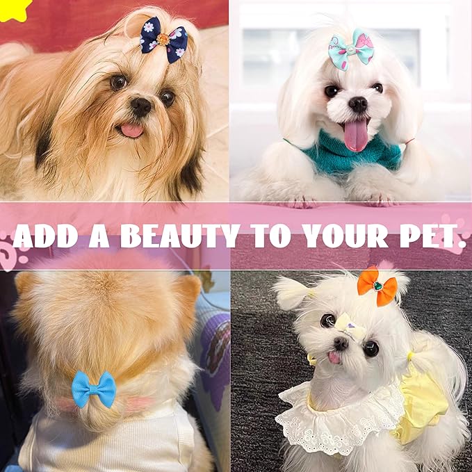 40PCS Christmas Dog Bows Cute Puppy Dog Small Bowknot Hair Bows with Rubber Bands Small Hairs Bowknot Pet Hair Accessories Pet Grooming Accessories for Party (Mixcolors with Gemstone)