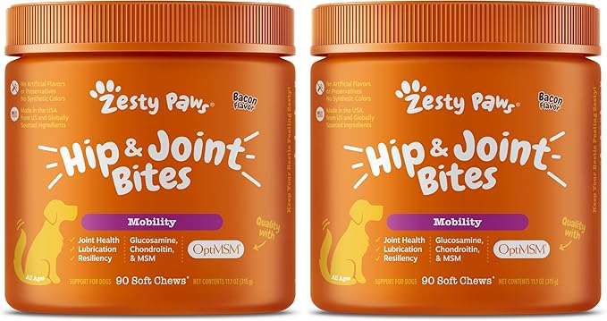 Zesty Paws Hip and Joint for Dogs, Glucosamine for Dogs Hip and Joint Supplement with Chondroitin, MSM, Vitamins C & E - Bacon, 90 Count (Pack of 2)