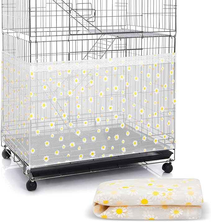 Shappy Large Bird Cage Net Cover for Seed Bird Cage Skirt Seed Catcher with Daisy Pattern Adjustable Nylon Protector for Budgie Parrot Parakeet Macaw(X-Large,White Daisy)