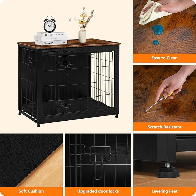 DWANTON Dog Crate Furniture with Cushion, Wooden Kennel Table with Double Doors, Indoor Dog House, Medium Size, 32.5" L, Black+Rustic Brown