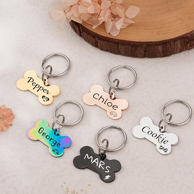 Anavia Small Size Dog Cat ID Tags, Small/XS Personalized Color Plated Stainless Steel Puppy Kitten Name Tags, Customized Engraved Nameplate Pet Collar Tag (Purple, Bone)