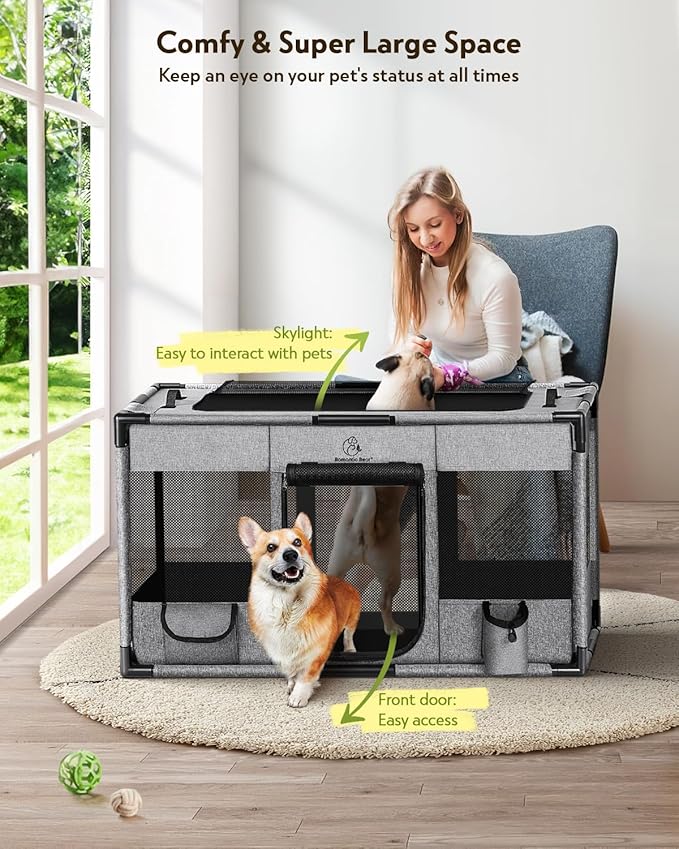 Dog Playpen,Fabric Fence, Portable Soft Cat Kennel Crate,Breathable Exercise Puppy Pen,PVC Pipe Frame,Indoor Outdoor Cage for Medium Animals Under 50 Ibs with Carrying Case(Grey L)