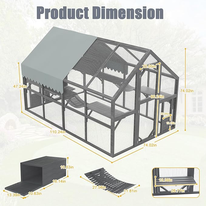 KEIKI 110" Large Outdoor Cat Enclosure for Multiple Cats, Weatherproof Wooden Catio with 7 Platforms, 2 Resting Boxes, 2 Bridges & Canopy, Secure Outdoor Cat House, Gray