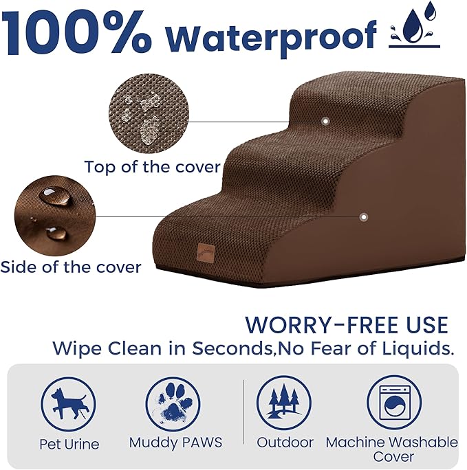 gogobunny Ramp Cat Dog Stairs for Beds, Cat Slope Stairs with Durable Waterproof Fabric Cover, Pet Steps for Old Large Dogs Climbing (Brown, 3-Step (22.4" D x 15.7" W x 15.7" H), 3)