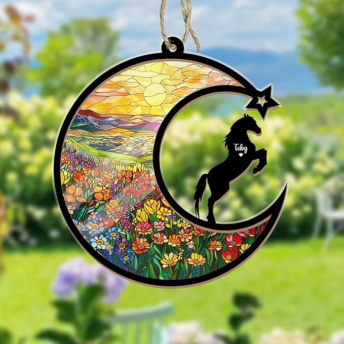 Personalized Horse Memorial Suncatcher – Custom Horse Silhouette with Name, Moon & Floral Background, Horse Loss Gift, Gift for Horse Lovers