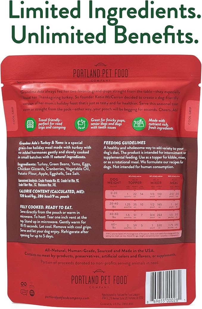 Portland Pet Food Company Fresh Dog Food Pouches - Human-Grade Toppers Wet Meal & Mixers - Grain-Free Limited Ingredient Grandma Ada's Turkey & Yams - Small & Large Breed Puppy & Senior Dogs - 5 Pack