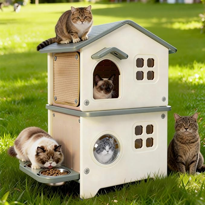 Insulated Outdoor Cat House Weatherproof for Feral Multi Cat, 2 Story Plastic Elevated Cat Shelter with Escape Door, Scratching Post, Stainless Steel Bowl, Grey 35" D x 15" W x 20" H