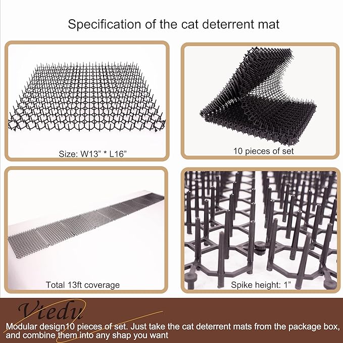 Cat Deterrent Mat 10 pcs Set, Plastic Grid Design Cat Repellent Mat 10 pcs Luxury Color Box Packaged, Anti Cat Mat, Anti Dog Scratch Mat with 1" Spike 13ft Coverage Cat Barrier