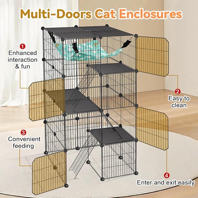 Cat Cage, 4-Tier DIY Cat Enclosures Catio, Cat Playpen Indoor & Outdoor with Hammock, Detachable Metal Wire Kennel Cats Crate, 2x2x4 Exercise Place for 1-3 Cats/Kitten