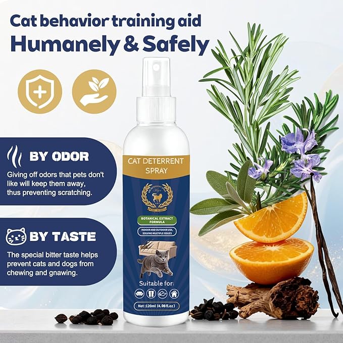 Cat Deterrent Spray - Natural Citrus-Scented, Indoor & Outdoor Training Spray to Stop Scratching on Furniture, Carpets & Curtains (4.06 oz)