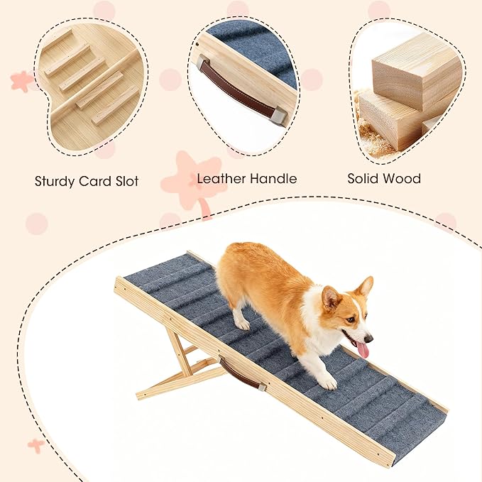 Dog Ramp for Bed, 51.2" Long Wooden Pet Ramp for Small & Large Dogs, 5 Adjustable Heights 14.2" to 28" with Anti-Slip Carpet & Carrying Handle Holds, Portable Dog ramps for Car, Bed, Couch, Outdoor