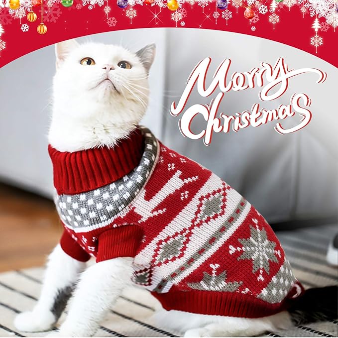 HYLYUN Cat Christmas Sweater 2 Packs - Puppy Christmas Sweater Pet Reindeer Snowflake Sweaters for Kittys and Small Dogs L