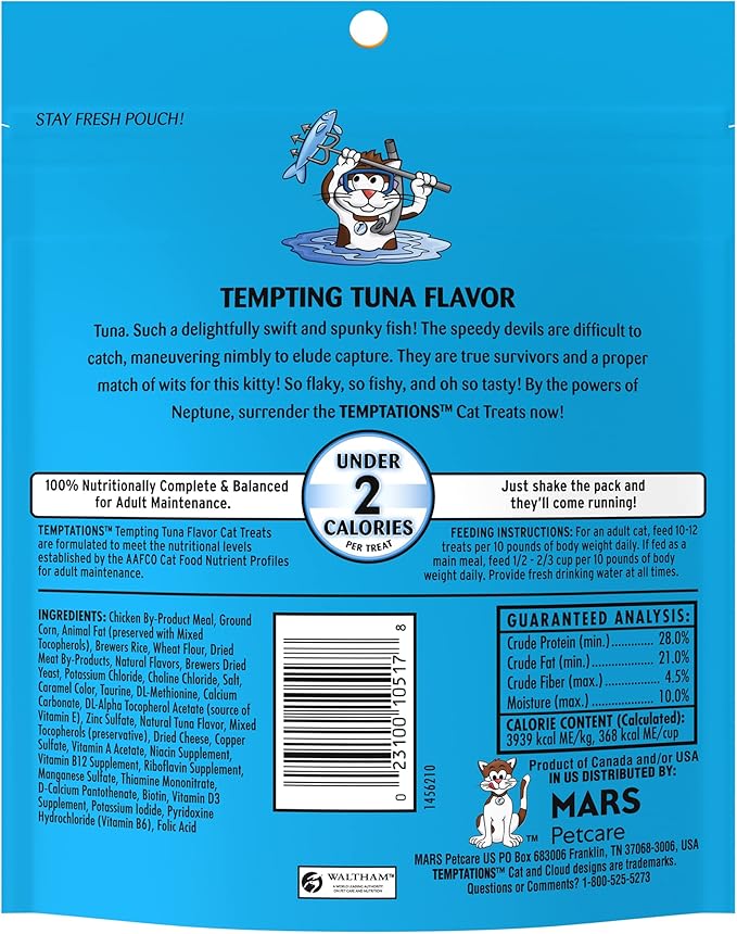 Temptations Cat Treats Classic Crunchy and Soft Cat Treats, Tempting Tuna Flavor, 6.3 oz. Pouch (Pack of 10)