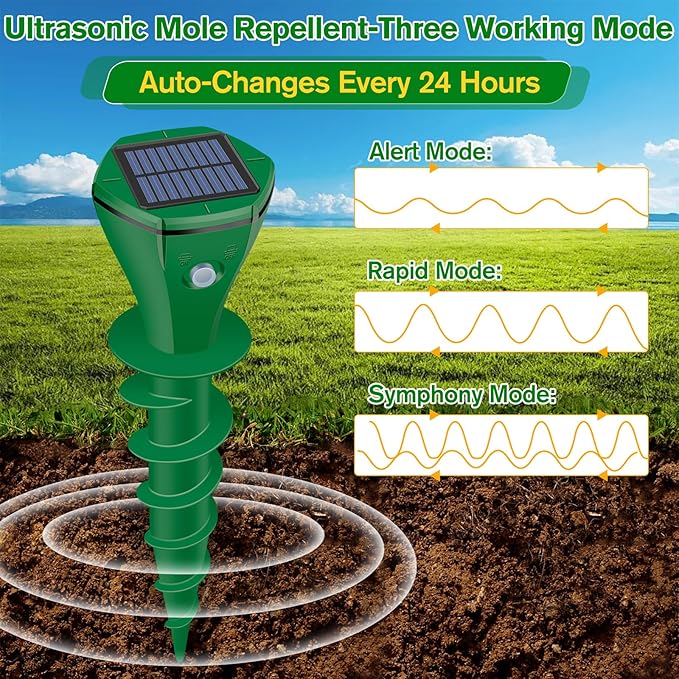 Mole Repellent Solar Powered Ultrasonic,Deer Repellent Devices,Gopher Trap Groundhog Repeller,Sonic Spikes Get Rid of All Pests Vole, Chipmunk,Cat,Skunk,Snake,Mole Trap for Lawn, Garden Yard (6P)