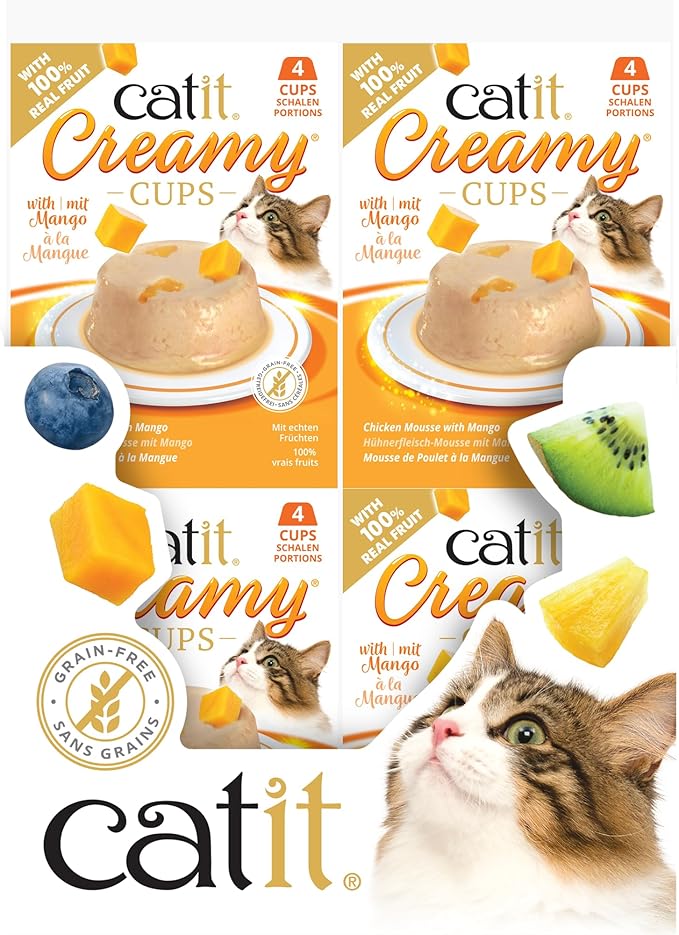 Catit Creamy Cups Cat Treats – Chicken/Mango 4 Pack for Cats & Kittens – Grain-Free, No Salt or Preservatives