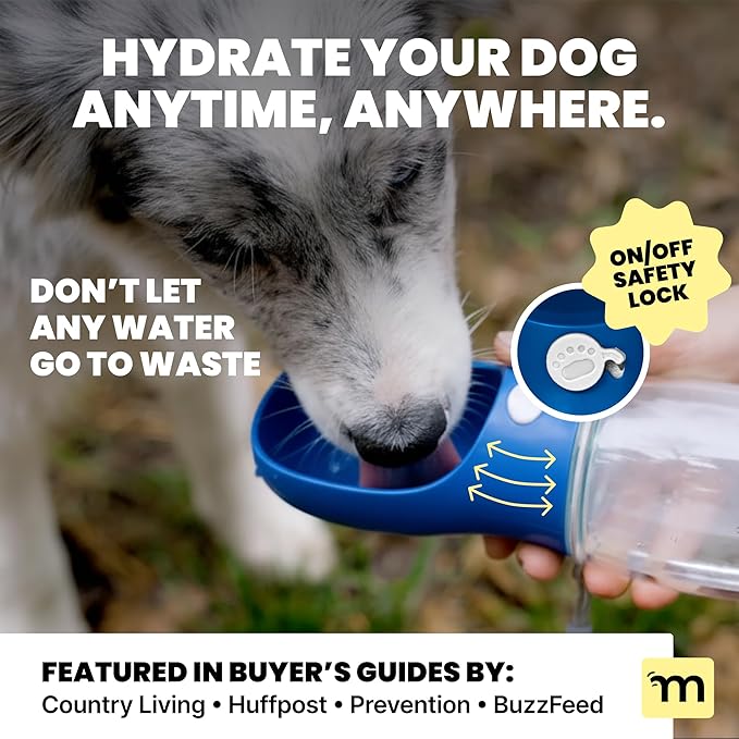 MalsiPree Dog Water Bottle Dispenser for Walks - 12 oz Navy Blue - Leak-Proof Lock & One-Hand Operation - On The Go Dog Water Dispenser- Pet Travel Bottle with Built-in Bowl, for Hiking & Travel