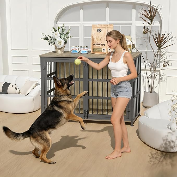 46'' Dog Crate Furniture Large Breed Dog Crate Dog Kennels for Inside Wooden Dog Crates End Table Heavy Duty Indoor Combination Cage for Medium to Large Dogs Maple