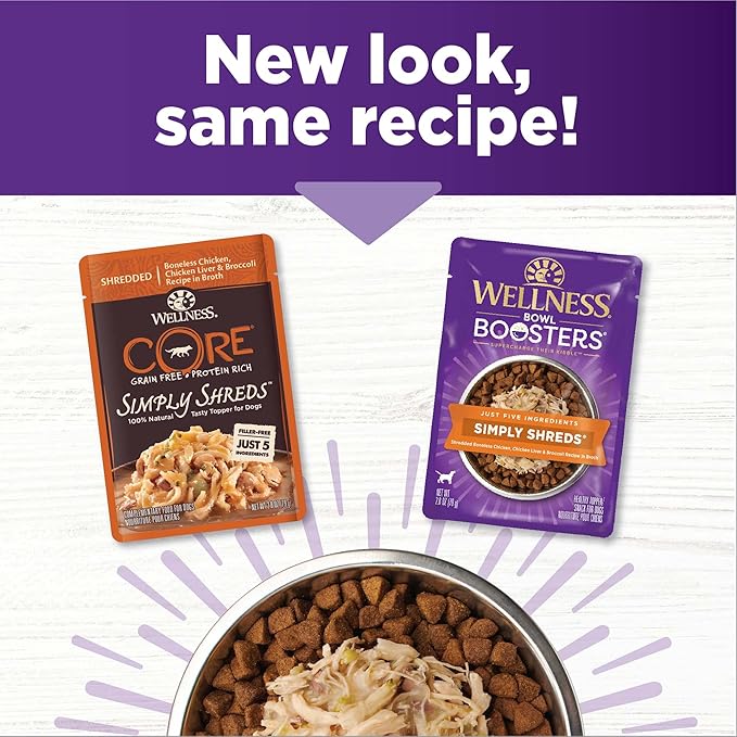 Wellness Bowl Boosters Simply Shreds Wet Dog Food Topper for Small, Medium, and Large Breeds, Grain Free, Natural, Chicken Liver and Broccoli Recipe, 2.8 oz, Pack of 12 Pouches