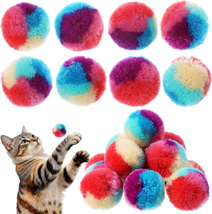 Xindojuz 20 PCS Cat Pom Pom Balls, Assorted Color Fur Toy Kitty Yarn Puffs, Small Plush Interactive Soft Fuzzy Kitty Toy Balls for Indoor Pet Cat Kitten Teething, Chasing & Self Play, 0.98 Inch