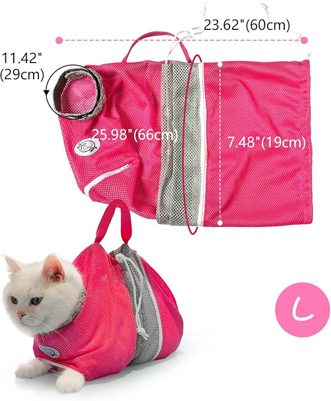 Cinf Cat Bathing Bag, Breathable Mesh Anti Scratch Adjustable Cat Grooming Bag for Nail Trimming, Bathing Soft Cat Washing Bag(Pink) L