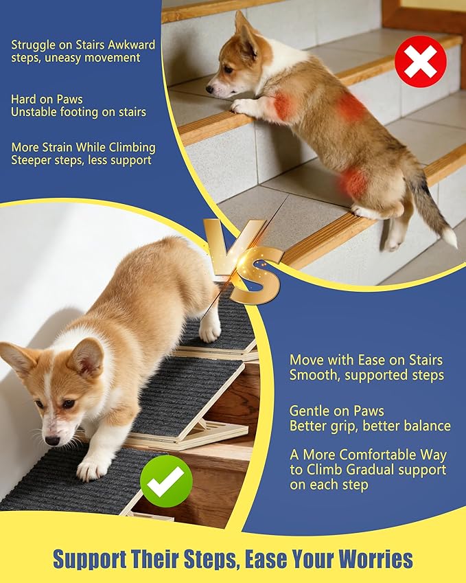 Dog Ramp for Stairs, 2 Pack Wooden Pet Steps for Small Dogs, Foldable Anti-Slip Stair Ramp for Senior, Short-Legged & Injured Pets, Adjustable Low-Angle Dog Stair Wedge