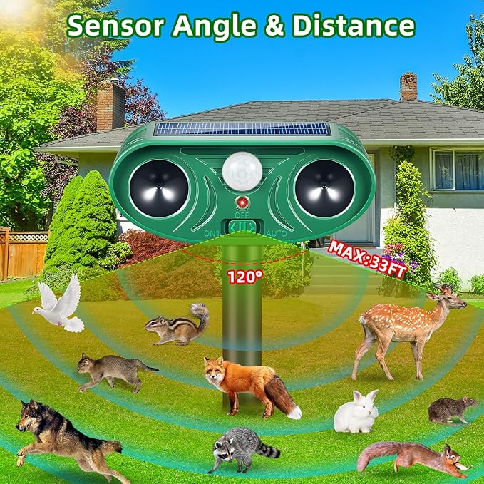 2026 Upgraded Solar Ultrasonic Animal Repellent Deer Repellent Devices Cat Deterrent Outdoor with Motion Sensor Animal Dog Deterrent Keep Raccoon Squirrel Rabbit Away from Yard Lawn Garden 4 Pack