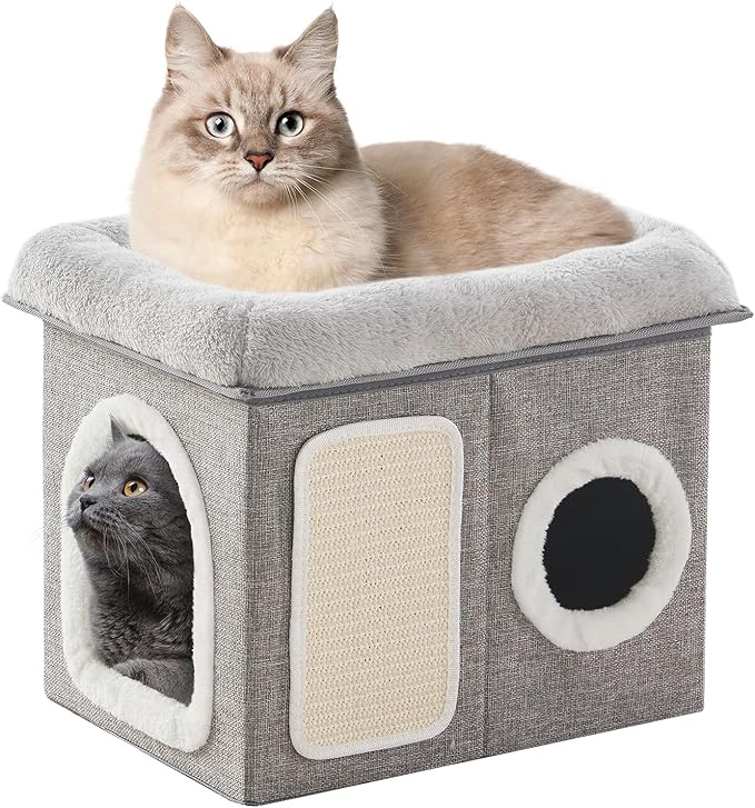 WINDRACING Cat Beds for Indoor Cats - Cat House for Pet and Foldable Cat Cave Bed with Scratch Pad, Cat Hideaway Condo for Kitten, 16.9x12.8x14.2 inches, Light Grey
