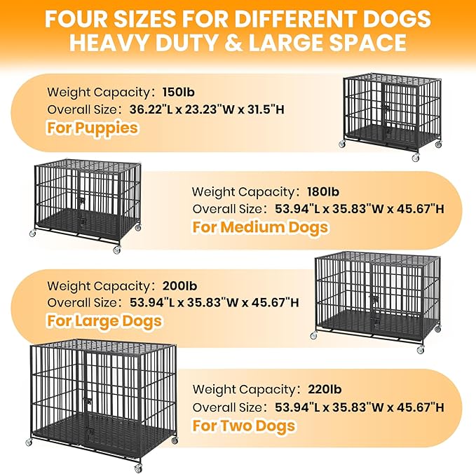 36 Inch Heavy Duty Dog Crate with Wheels, Escape Proof Metal Kennel with 3 Doors & Removable Tray for Large Medium Dogs, Black