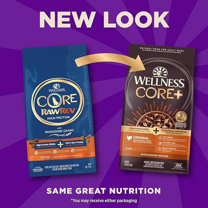 Wellness CORE+ Adult Dry Dog Food with Freeze Dried Pieces, Wholesome Grain Kibble+, Natural, High Protein, Turkey and Chicken Recipe, 4 lb Bag