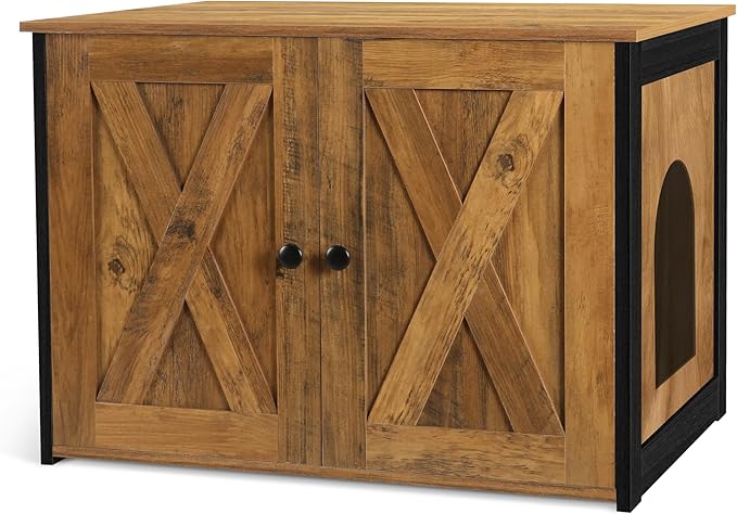 Dwanton Litter Box Enclosure, Cat Litter Box Furniture Hidden, Reversible Entrance Can Be on Left or Right Side, Wooden Cat Washroom Indoor, Warm Brown, 27.6 Inches
