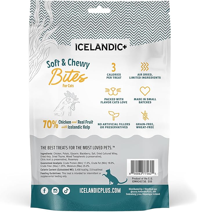 Icelandic+ Soft & Chewy Bites - Chicken, BlackBerry & Kelp - 1.8oz Cat Treats, 70% Meat & Fruit, Air-Dried, Limited Ingredients, Pet Snack, Grain Free
