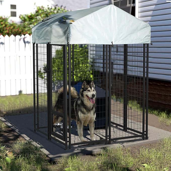 LEMBERI 4x4x6 FT Outdoor Dog Kennel for Large Dogs, Heavy Duty Welded Wire Steel Dog Playpen Fence with Secure Lock, Pet Pen with UV-Resistant Waterproof Roof Cover for Outside