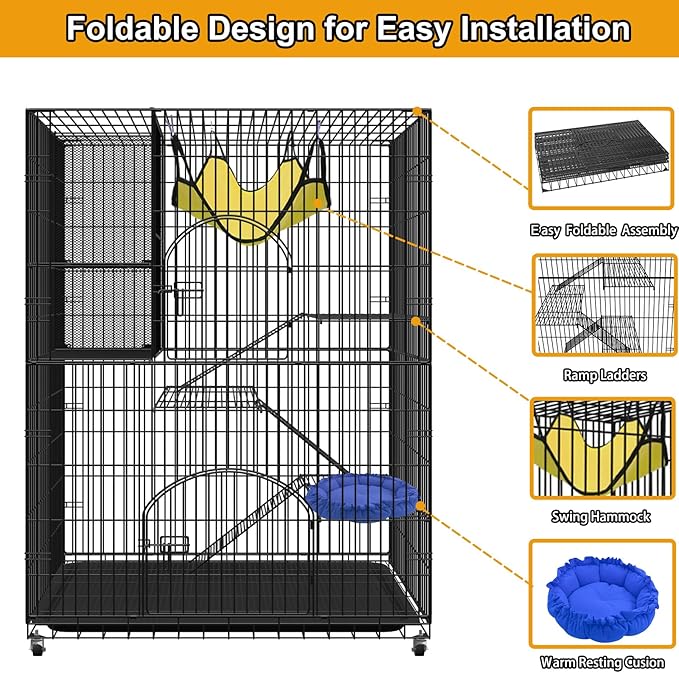 Extra Large Collapsible Cat Cage Indoor with Storage Cube, 4-Tier Cat Crate Black Metal Cat Enclosure with 360° Rotating Casters & Hammock for Kittens, Small Animals
