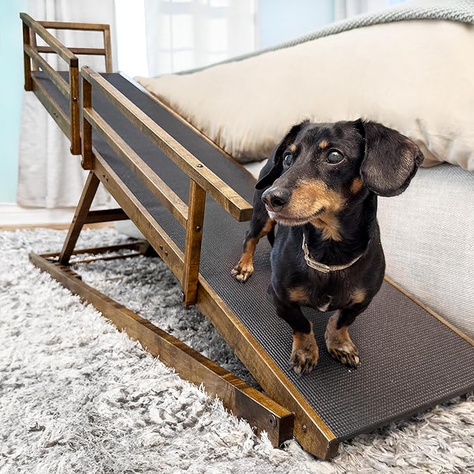 DoggoRamps Bed Ramp for Small Dogs - Solid Hardwood - Adjustable up to 37" Tall Beds with Safety Rails & Anti-Slip Grip - Made in North America Walnut