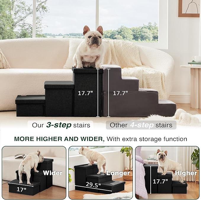 Love's cabin Dog Stairs with Storage, 3 Steps Wider Dog Steps for High Bed 18" H, Foldable Pet Stairs for Small Medium Large Dogs Cats for Bed Couch Car, Ramp with Zip up to 200 lbs, Black