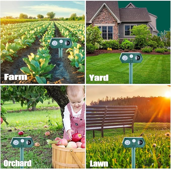 Solar Animal Repellent Outdoor, Deer Repellent, Squirrel Repellent, Ultrasonic Mouse Repellent,Cat Repellent Outdoor Etc,Devices Motion Detection Waterproof with LED Flash Lights for Yard Farm Garden