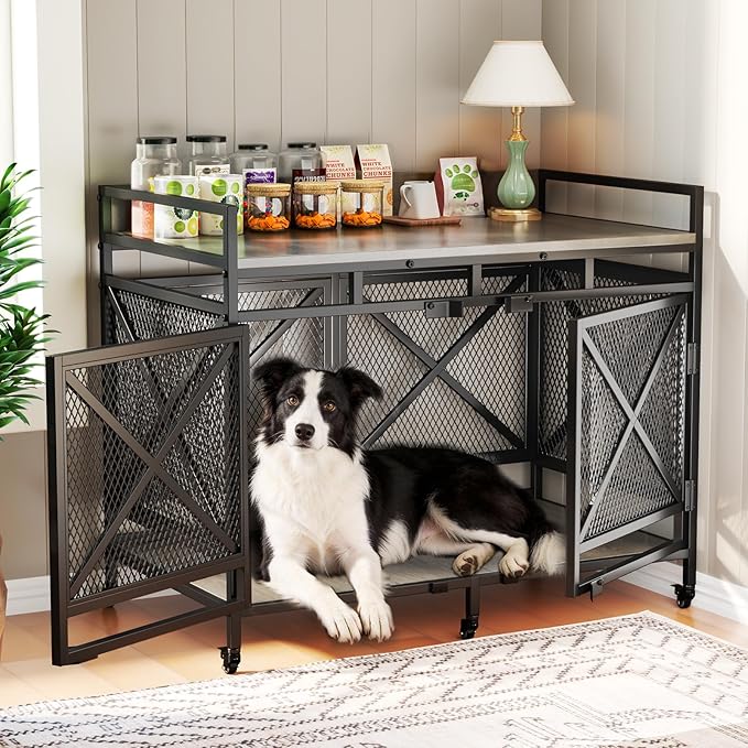 COZPAW 48 Inch Extra Large Furniture Dog Crate | Heavy Duty Wooden Indoor Dog Kennel with Caster Wheels | Decorative Pet House End Table |Light Grey