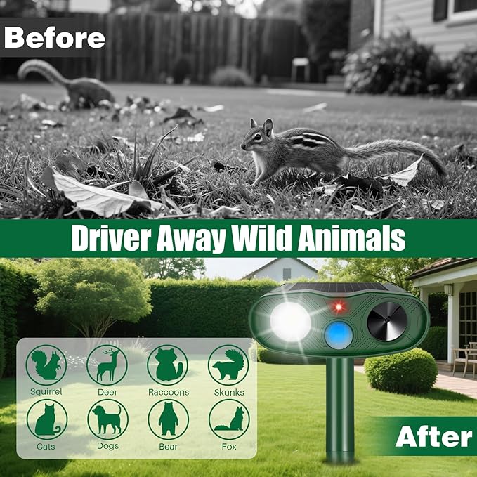 2026 Racoon Squirrel Sonic Fortress Pro Rabbit Repellent Outdoor, Solar Ultrasonic Animal Repeller Deer Deterrent with Motion Sensor&Flash Light to Scare Cat Skunk Dog Out of Garden Farm Yard(4Pack)
